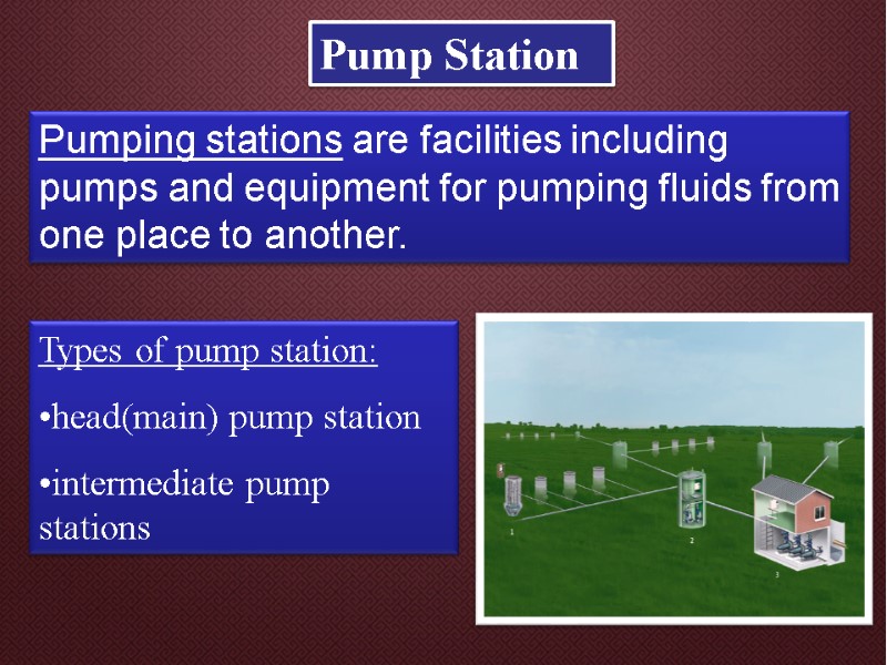 Pump Station Pumping stations are facilities including pumps and equipment for pumping fluids from